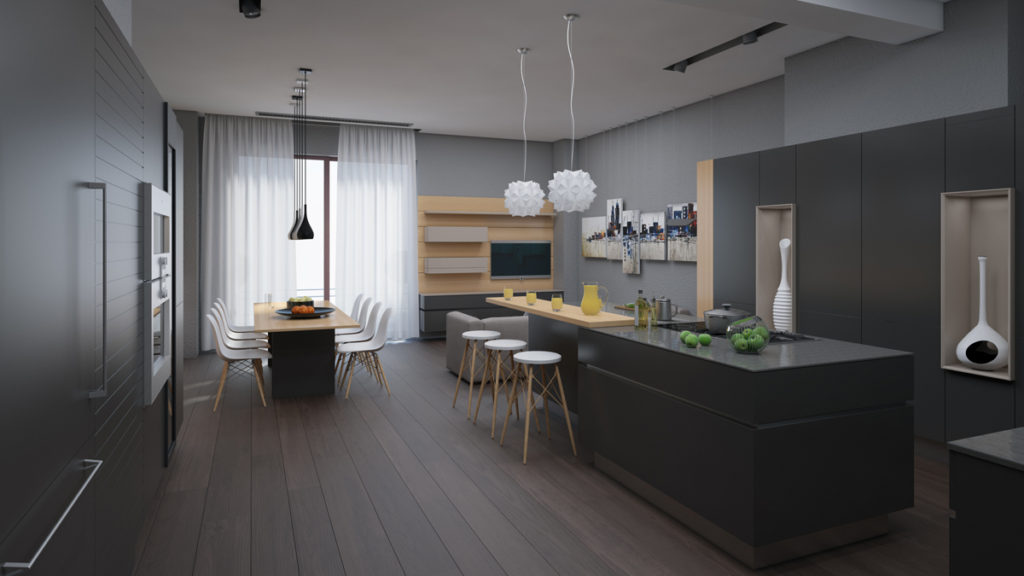 จานสีเทาผนังห้องครัว