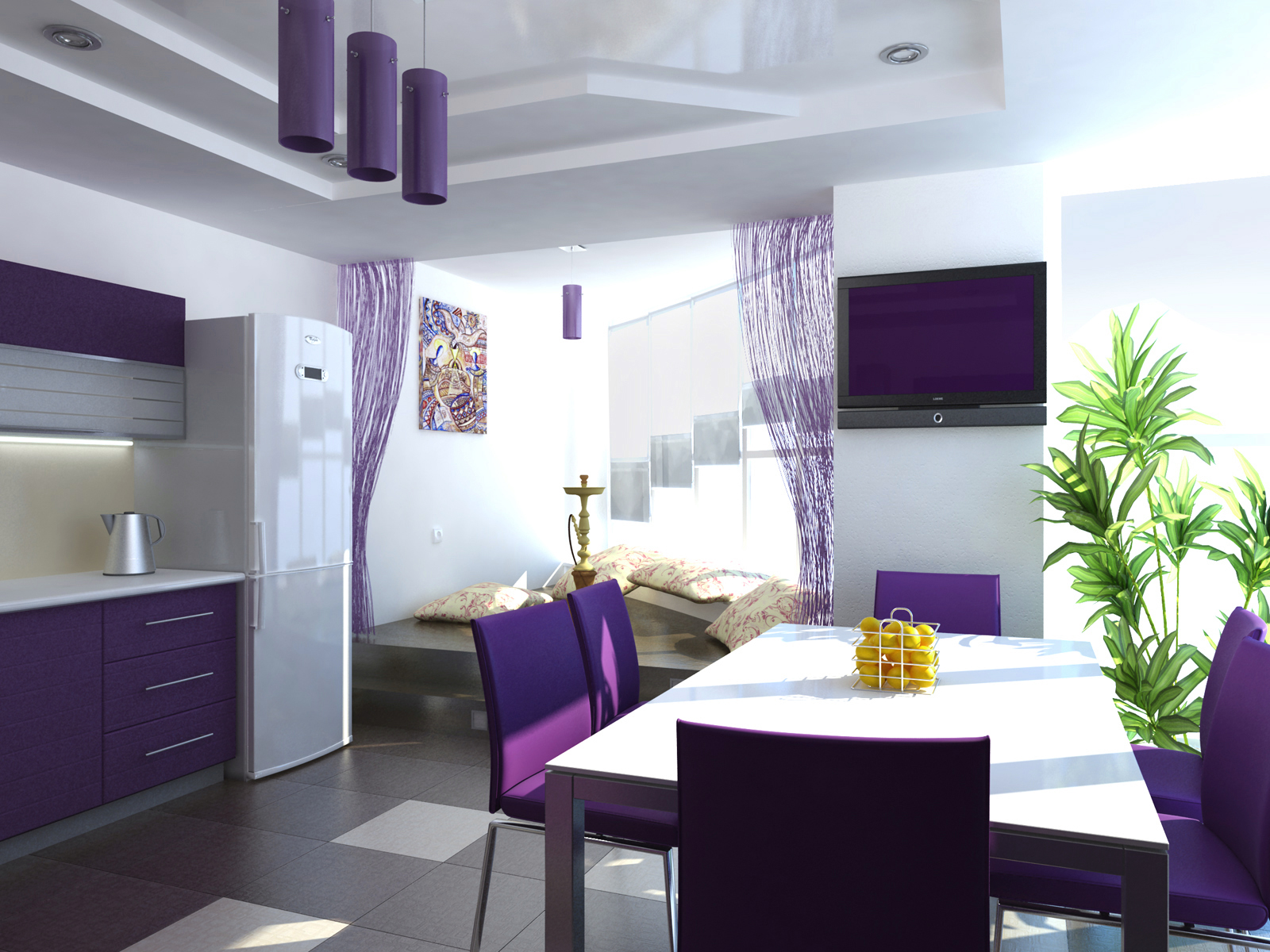 เก้าอี้สีม่วงในห้องครัว