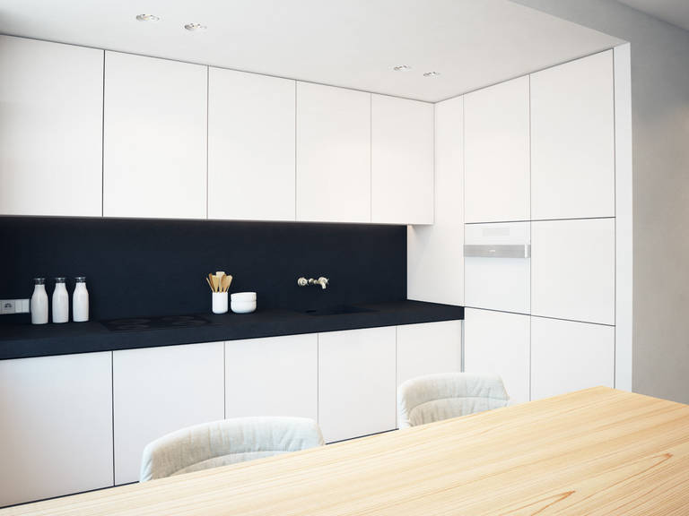 ห้องครัวห้องนั่งเล่น minimalism