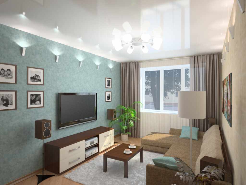 ห้องพักที่แตกต่างกันของการตกแต่งภายในที่สดใสของห้องนั่งเล่น 17 ตร.ม.