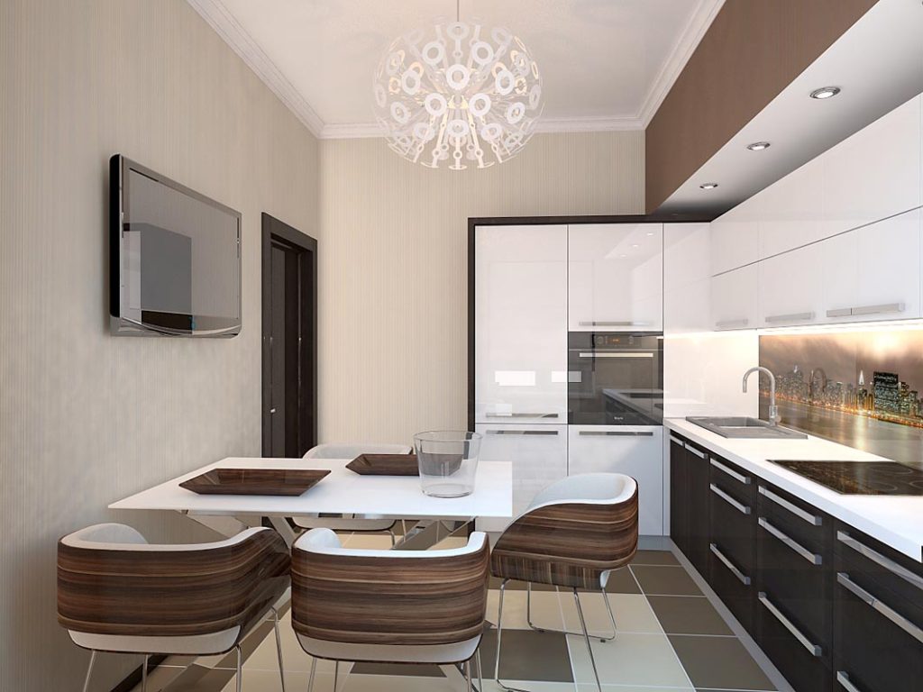 การตกแต่งภายในห้องครัวพร้อมผนังสีเบจและเฟอร์นิเจอร์สีน้ำตาล