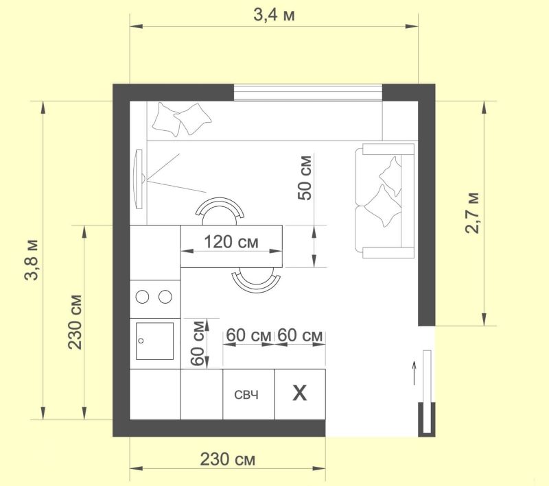 รูปแบบของเฟอร์นิเจอร์และเครื่องใช้ในห้องครัวมีพื้นที่ 12 ตารางเมตร