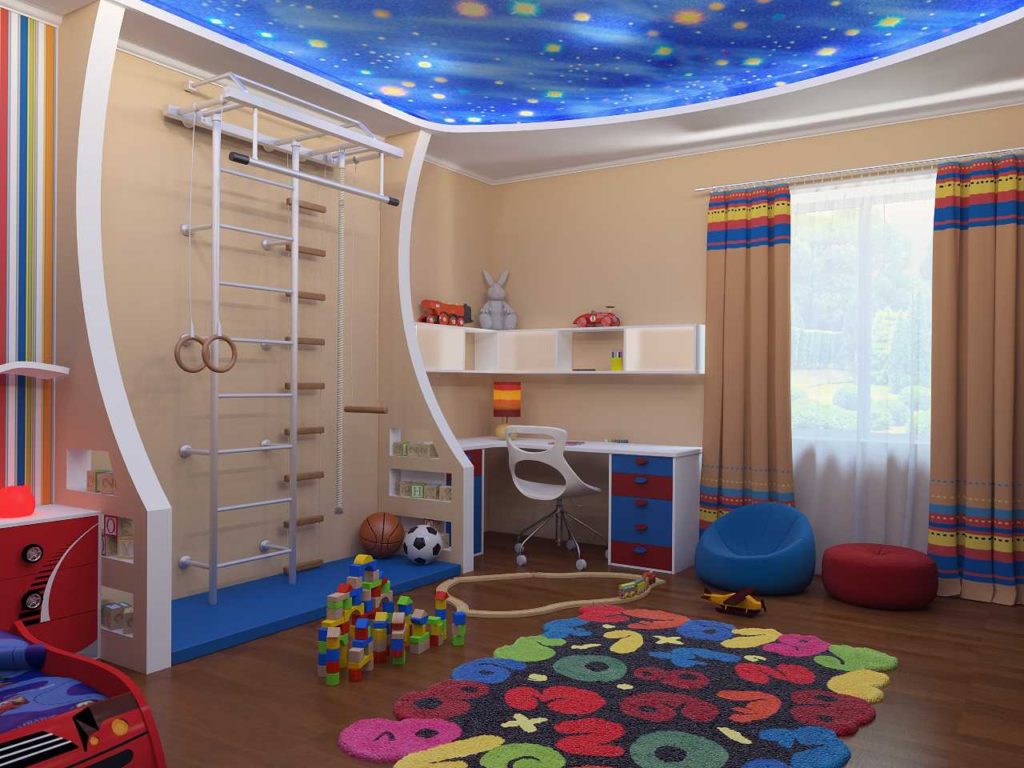 เพดานในห้องเด็กที่มีภาพของพื้นที่