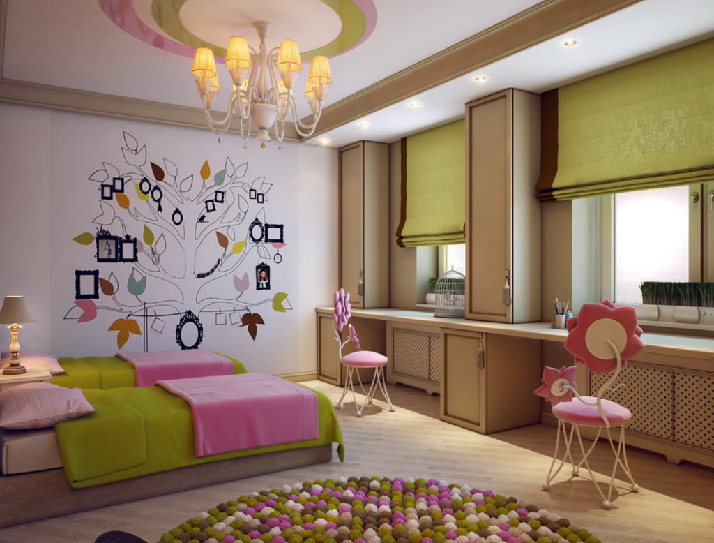 เก้าอี้ตกแต่งด้วยเบาะสีชมพูในห้องนอนของเด็กผู้หญิงสองคน
