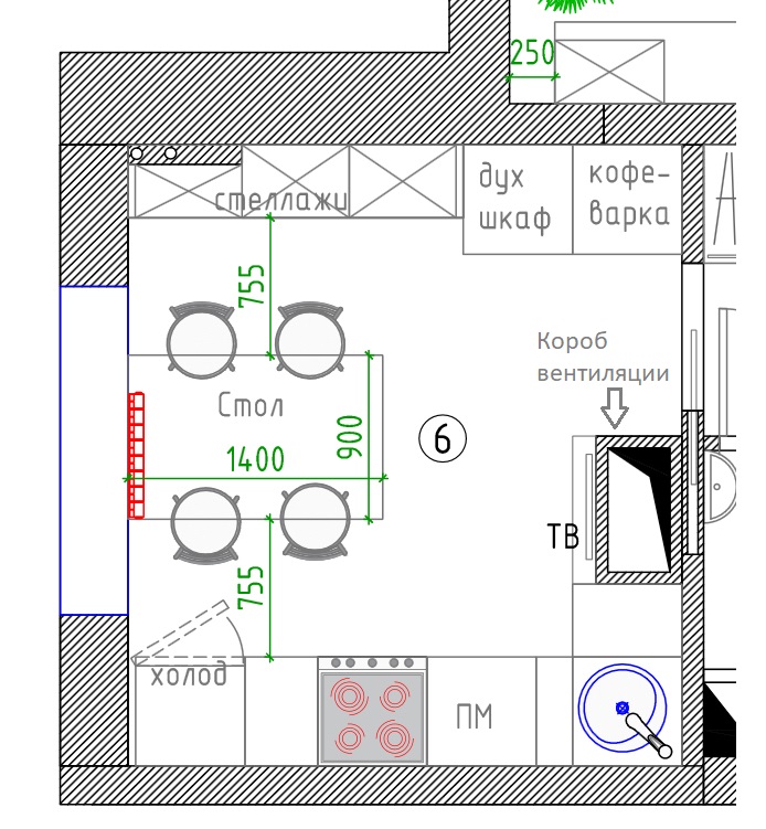 תרשים של מטבח עם תעלת אוורור בבית סדרה P 44