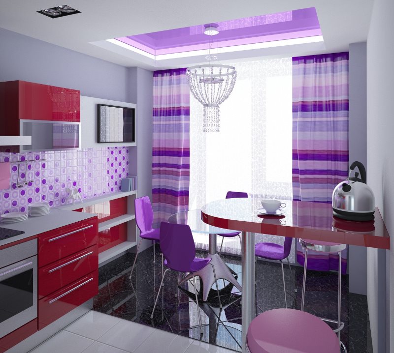 การออกแบบห้องครัวสไตล์ป๊อปอาร์ตพร้อมผ้าม่านสีม่วง