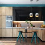 The straight-line arrangement of the headset in the kitchen combined with the living room