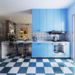 The straight-line arrangement of the headset in the kitchen combined with the living room