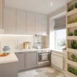 Cute design of the corner small-sized kitchen in eco-style