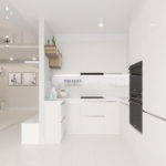 Stylish interior of a compact kitchen in snow-white tones