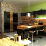 ผนังสีเขียวในห้องครัวที่กว้างขวาง