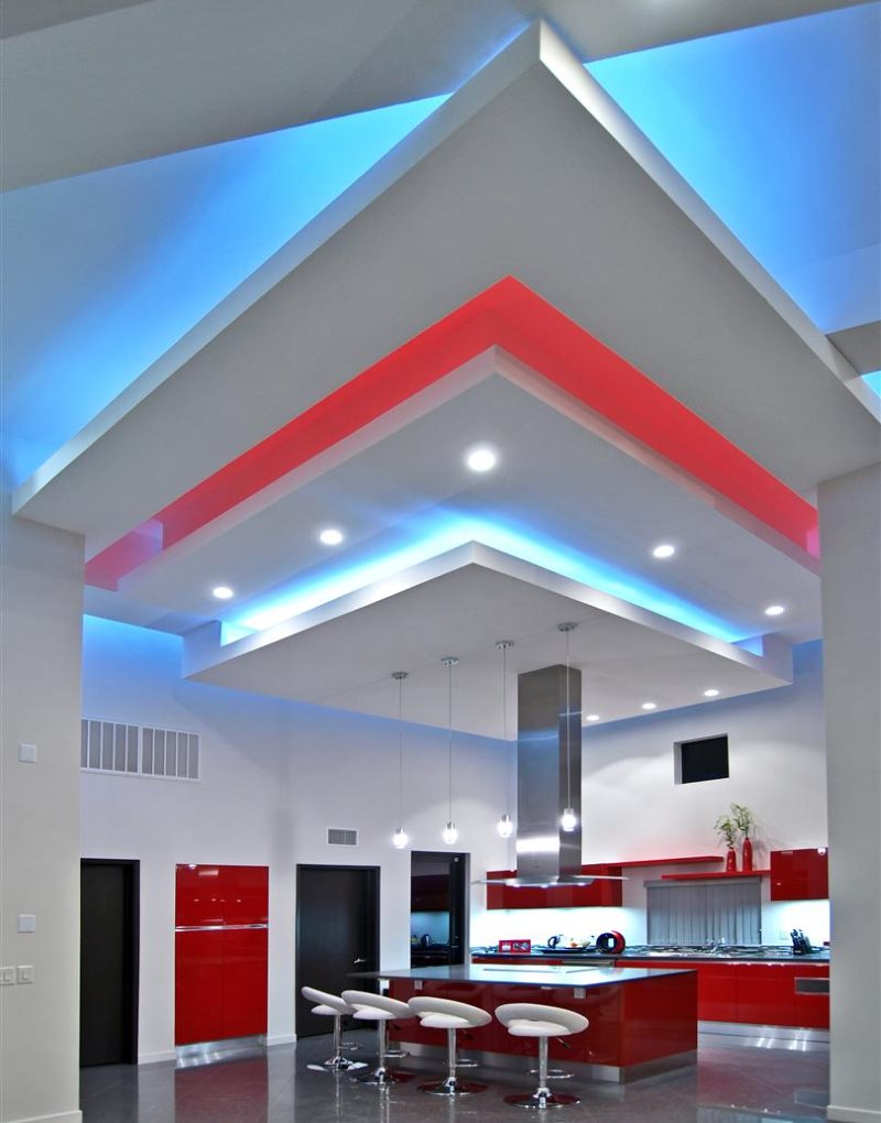 ไฟ LED บนเพดานห้องครัวไฮเทคหลายระดับ