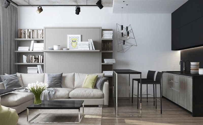 Ugaona sofa u kuhinji-dnevnoj sobi sa šankom za doručak