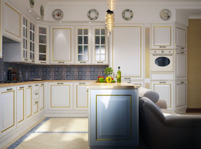 Design angol konyhát fehér és arany palettában