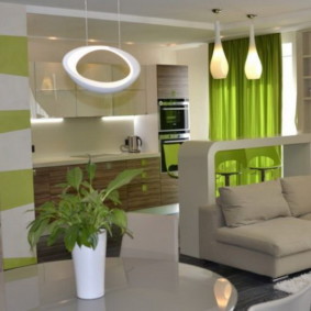 ผ้าม่านสีเขียวในห้องครัว - ห้องนั่งเล่นสไตล์ทันสมัย