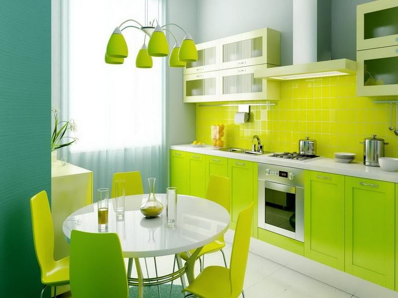 การออกแบบห้องครัวพร้อมเฟอร์นิเจอร์สีเขียว
