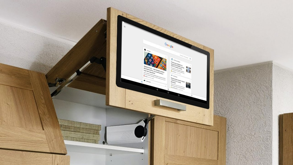 TV in the kitchen on the shelf