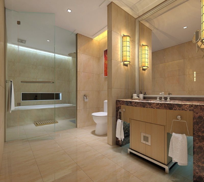 ผนัง sconces ติดกับกระจกห้องน้ำขนาดใหญ่