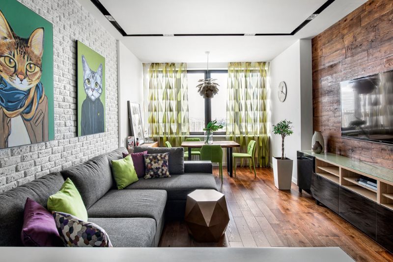 ผ้าม่านโปร่งแสงบนหน้าต่างของห้องครัวในสไตล์ Eco-Loft