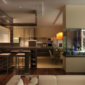 Design de uma sala de cozinha com um aquário