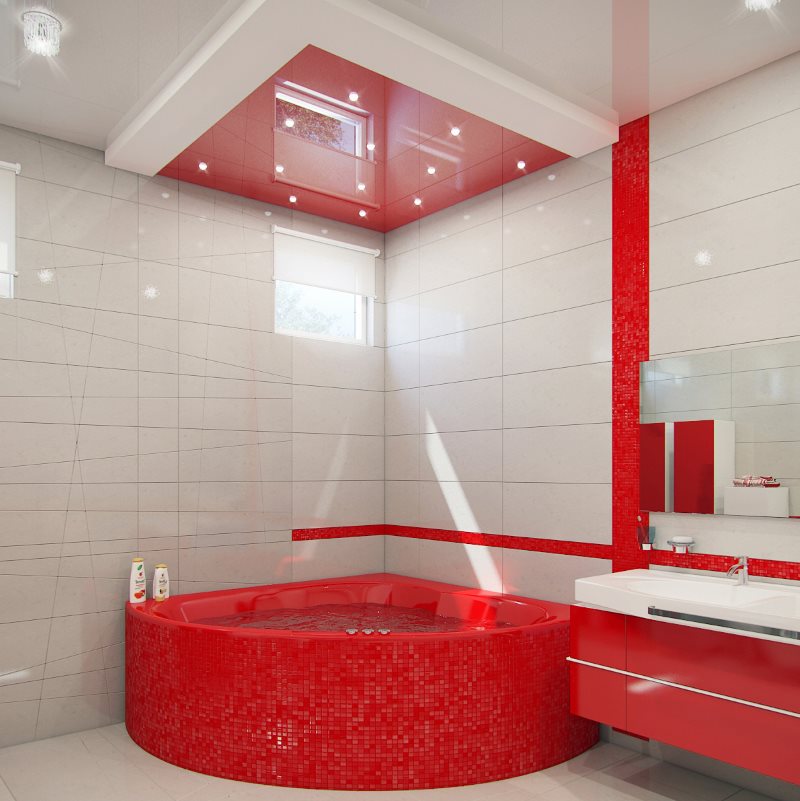 โมเสกสีแดงในห้องน้ำพร้อมกระเบื้องสีขาว
