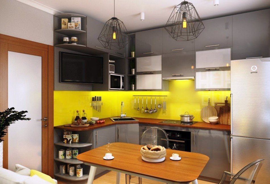 ห้องครัวสีเทาเหลืองในการตกแต่งภายใน
