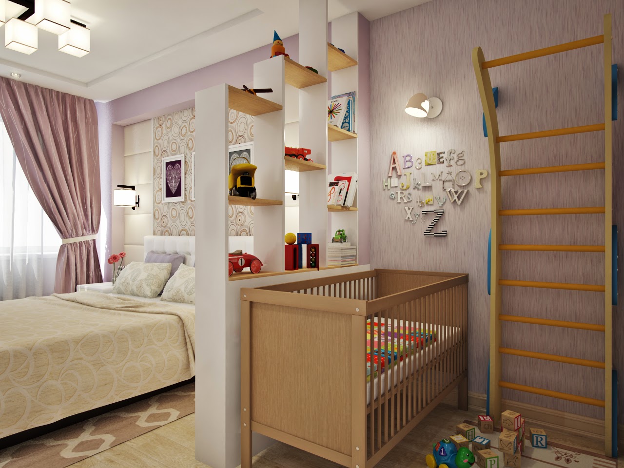 ห้องนอนและเด็ก ๆ ในการตกแต่งภาพในห้องเดียว