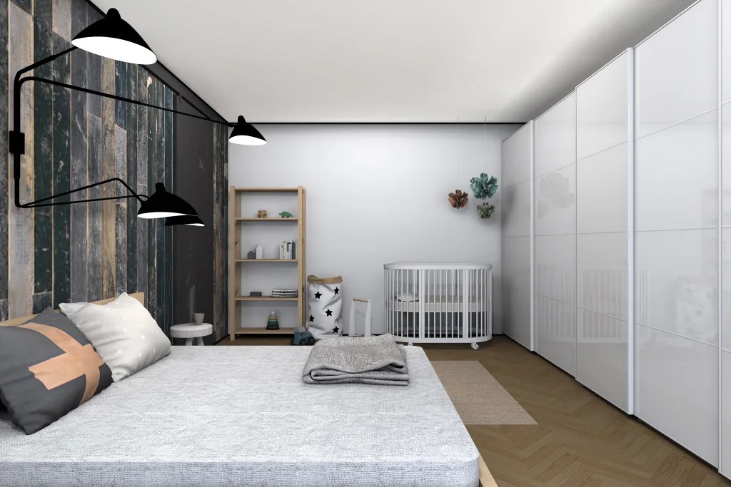 ห้องนอนและเด็กในการตกแต่งภายในภาพถ่ายหนึ่งห้อง