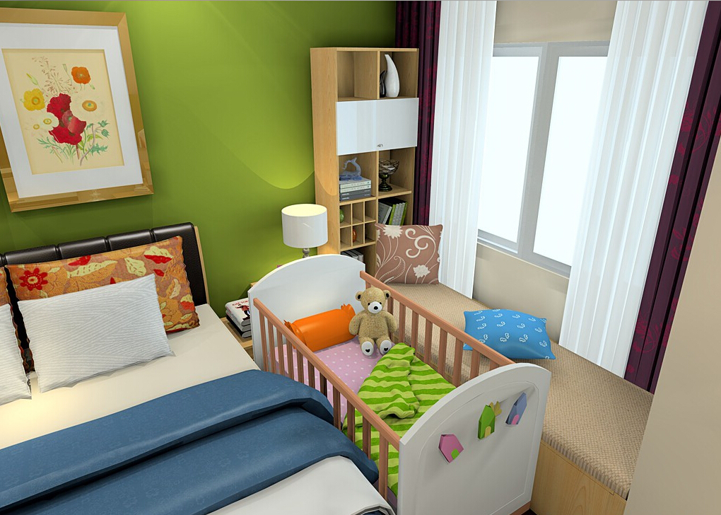 ห้องนอนและห้องเด็กในรูปภาพหนึ่งห้อง