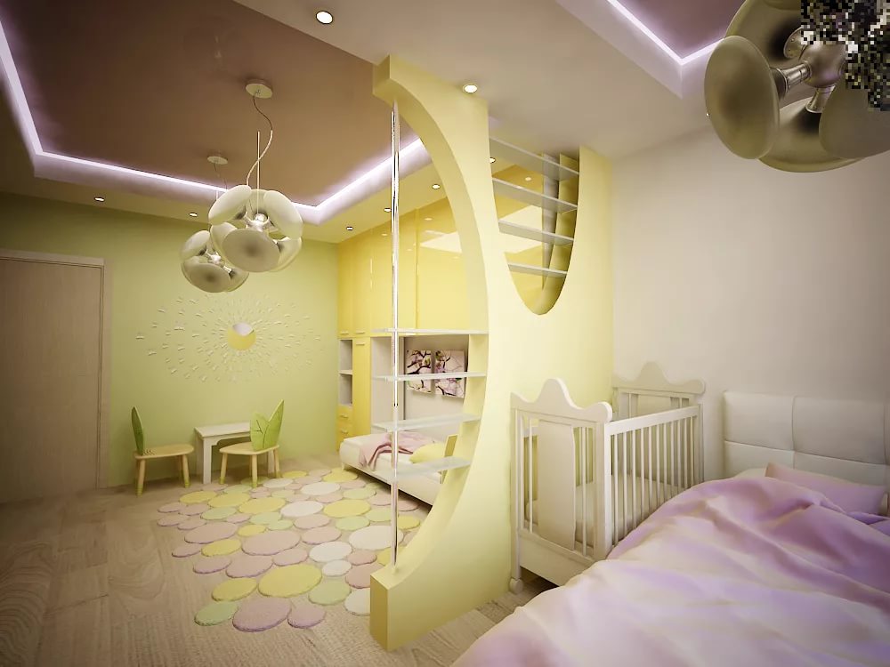 ห้องนอนและห้องเด็กในภาพรวมแนวคิดหนึ่งห้อง