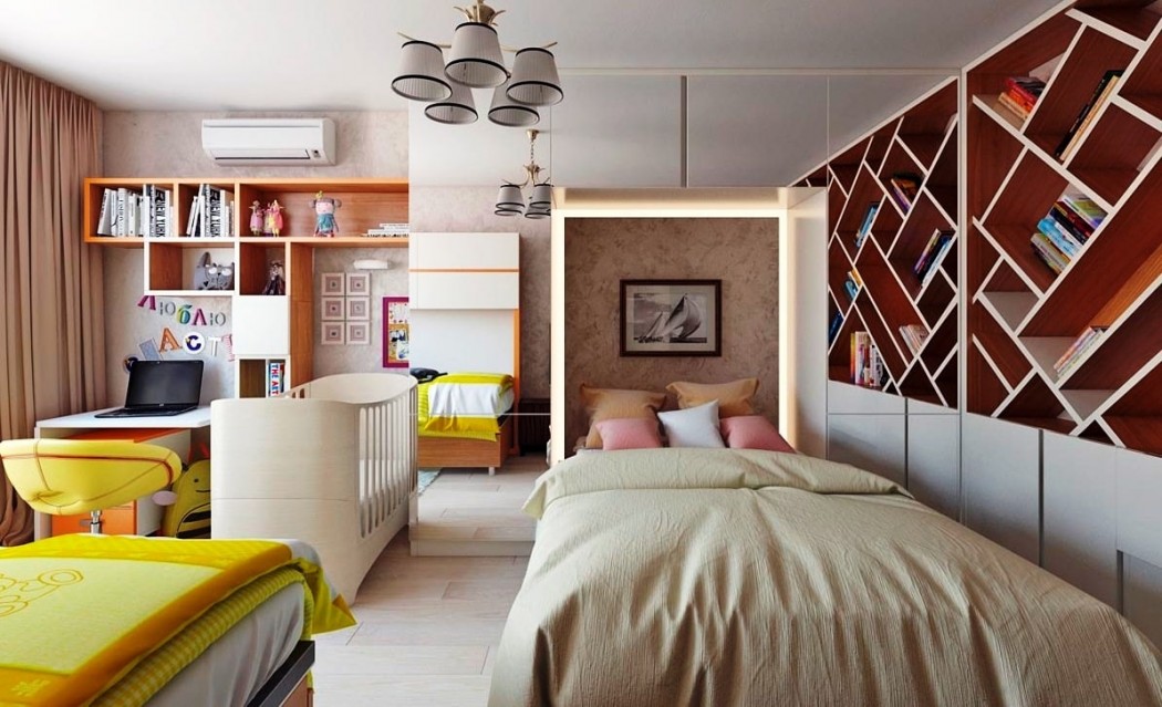 ห้องนอนและห้องเด็กในการตกแต่งภายในห้องหนึ่ง