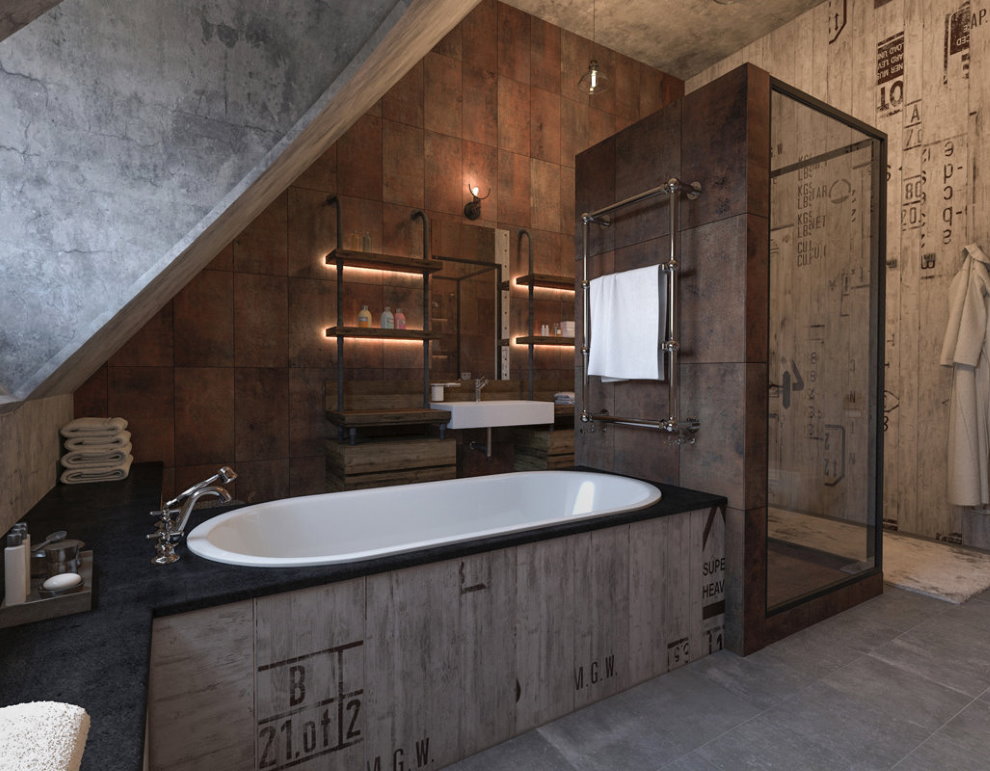 Loft อุตสาหกรรมในการตกแต่งภายในของห้องน้ำในห้องใต้หลังคา