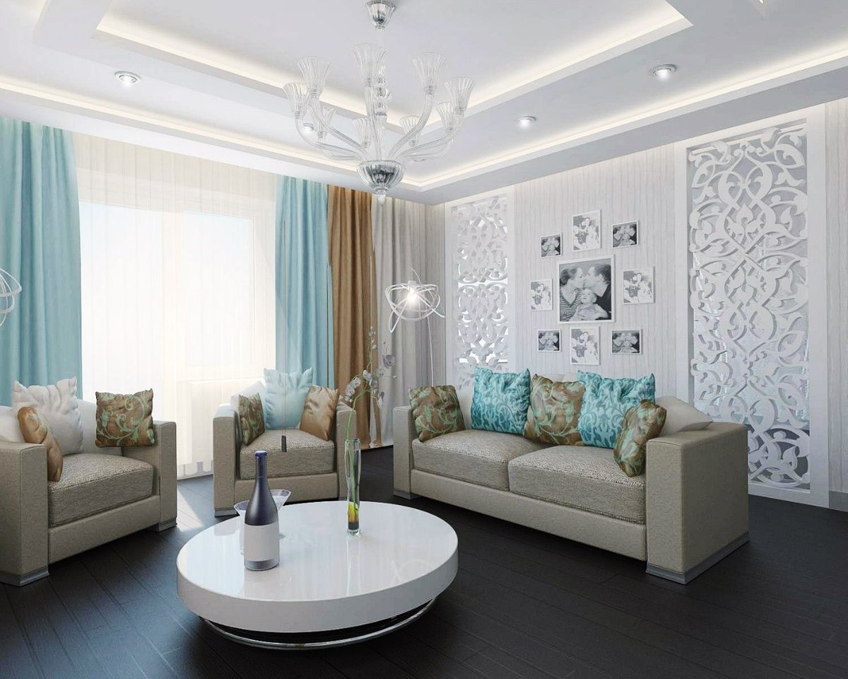 รูปภาพห้องนั่งเล่นสีน้ำเงินและสีขาว