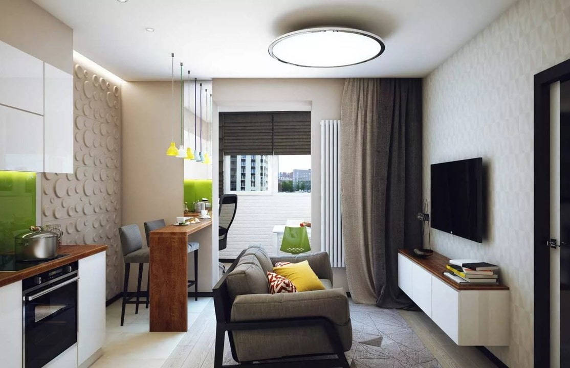 ห้องครัวห้องนั่งเล่นในสตูดิโออพาร์ทเม้นท์ 30 ตร.ม.