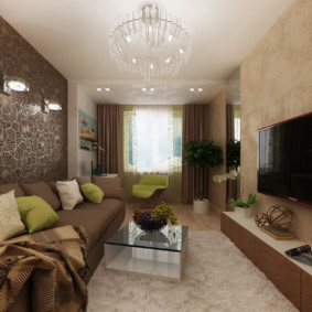 วอลล์เปเปอร์สีน้ำตาลในการตกแต่งภายในของห้องนั่งเล่น