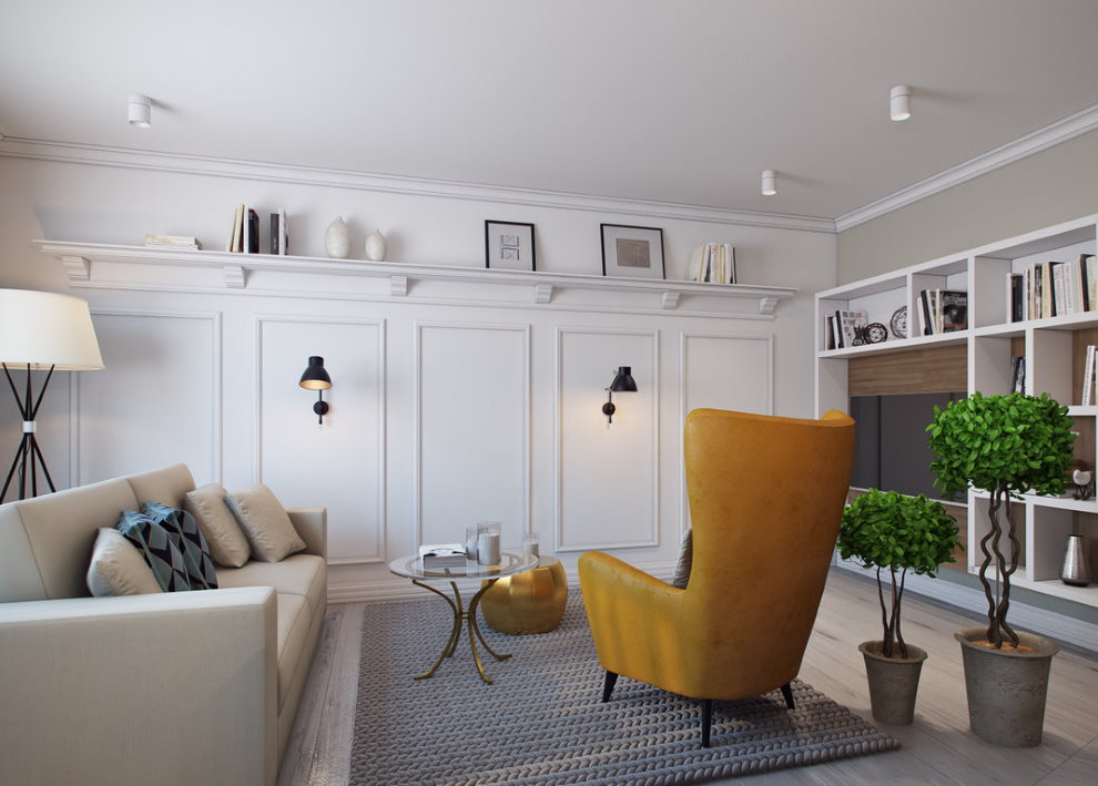 sconces สีดำบนผนังสีขาวของห้องนั่งเล่น