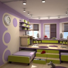 สีม่วงอ่อนในการออกแบบของห้องเด็ก