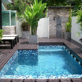 สนามหลังบ้านของบ้านส่วนตัวพร้อมสระว่ายน้ำขนาดเล็ก