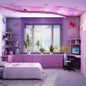 สีม่วงอ่อนในการตกแต่งภายในของเรือนเพาะชำ