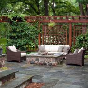 Pergola กับพืชปีนเขาที่อยู่เบื้องหลังพื้นที่นันทนาการ