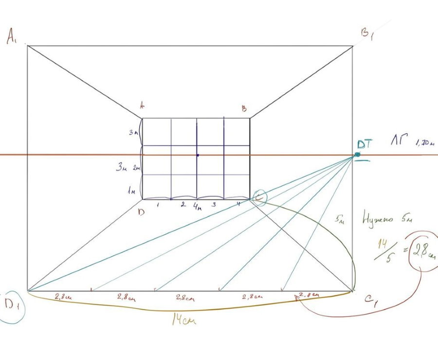 ตัวอย่างของการวาดภาพร่างของห้องในมุมมอง