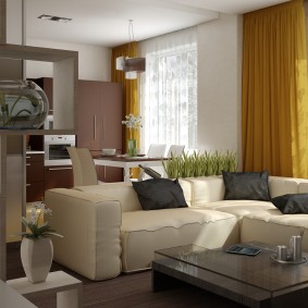 โซฟาในห้องครัวห้องนั่งเล่นขนาดกลาง