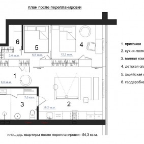 แผนผังของห้องโถงหลังจากการพัฒนาในสตูดิโออพาร์ตเมนต์