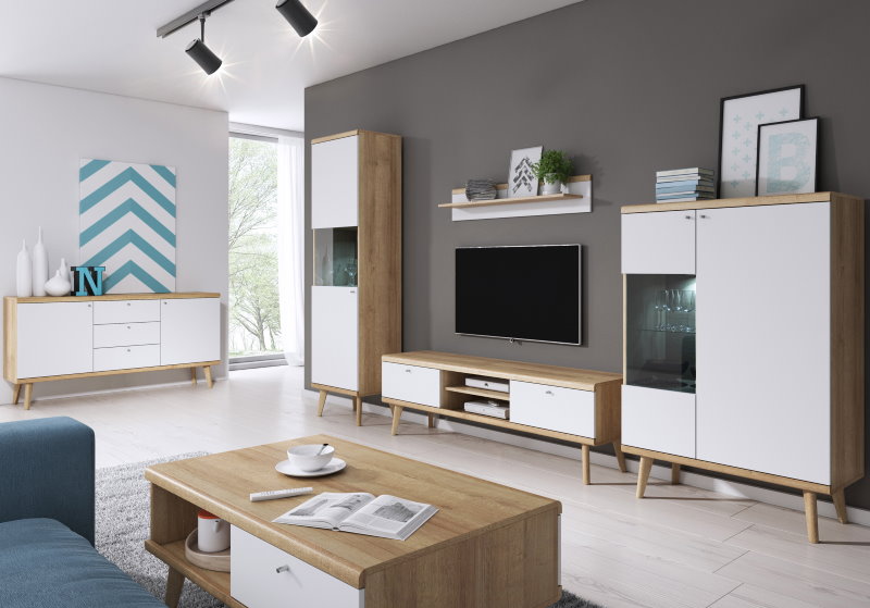 ผนังเลื่อนสำหรับห้องนั่งเล่นที่กว้างขวางในสไตล์ของ Scandi